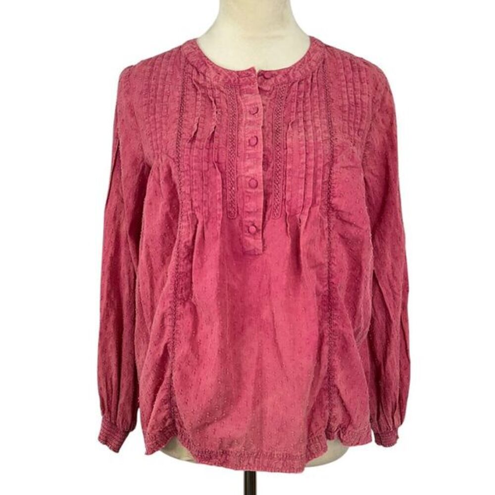 Anthropologie‎ Pilcro Swiss Dot Peasant Blouse Long Sleeve Button Front Pink XS